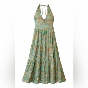 Green Paisley Halter Maxi Dress with Tiered Skirt
